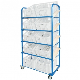 Schrägboden-Regalwagen mit 5 Ebenen, BxTxH 1050x500x1880 mm, 4 Lenkrollen, 2 Rollen mit Feststellbremse, bestückt mit 10 Euroboxen BxTxH 600x400x240 mm, durchbrochen, mit Durchfassgriffen