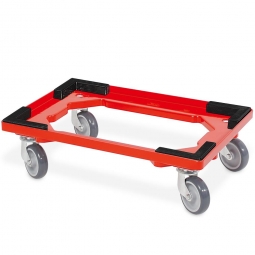 ABS-Kunststoff-Transportroller für 600x400 mm Drehstapelbehälter, rot, mit Stapelecken, 100 mm Gummi-Rad, Deck offen, Tragkraft 250 kg