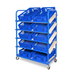 Schrägboden-Regalwagen mit 5 Ebenen, BxTxH 1050x500x1450 mm, 4 Lenkrollen, 2 Rollen mit Feststellbremse, bestückt mit 10 Euroboxen BxTxH 600x400x150 mm, durchbrochen, mit Durchfassgriffen