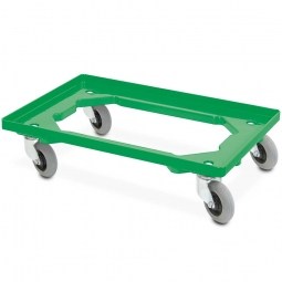 ABS-Kunststoff-Flüster-Roller für Euro-Stapelbehälter 600x400 mm, grün, 100 mm PU-Rad, Deck offen, Tragkraft 250 kg