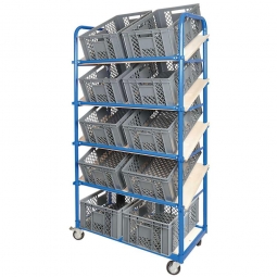 Schrägboden-Regalwagen mit 5 Ebenen, BxTxH 1050x500x1880 mm, 4 Lenkrollen, 2 Rollen mit Feststellbremse, bestückt mit 10 Euroboxen BxTxH 600x400x240 mm, durchbrochen, mit Durchfassgriffen