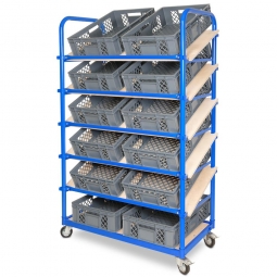 Schrägboden-Regalwagen mit 6 Ebenen, BxTxH 1050x500x1690 mm, 4 Lenkrollen, 2 Rollen mit Feststellbremse, bestückt mit 12 Euroboxen BxTxH 600x400x150 mm, durchbrochen, mit Durchfassgriffen