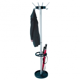 Garderobenständer, 4 Hut- und 8 Mantelhaken, H 1800 mm, Ø 450 mm, Stahlsäule alusilber, Schirmhalter schwarz