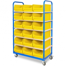 Etagenwagen mit 6 Ebenen, BxTxH 1050x500x1690 mm, 2 Lenk- (mit Feststellbremse) u. 2 Bockrollen, bestückt mit 18 gelben Sichtboxen 