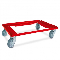 Alu-Transportroller für Eurobehälter 600x400 mm, kunststoffbeschichtet rot, 100 mm Gummi-Rad, Deck offen, Tragkraft 250 kg