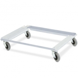 Edelstahl-Flüster-Roller für Stapelbehälter 800x600 mm,100 mm PU-Rad, Deck offen, Tragkraft 250 kg