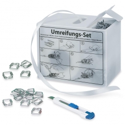 Umreifungs-Set mit Spenderbox + 1 Rolle Polyesterband 200 m lang, 16 mm breit + 80 Metall-Verschlussklammern + Cuttermesser