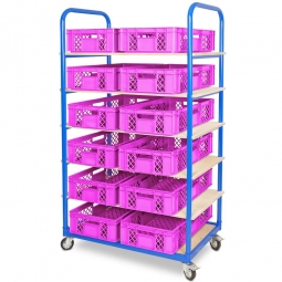 Etagenwagen mit 6 Ebenen, BxTxH 1050x500x1690 mm, 4 Lenkrollen, 2 Rollen mit Feststellbremse, bestückt mit 12 Euroboxen BxTxH 600x400x150 mm, durchbrochen, mit Durchfassgriffen