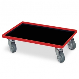 Transportroller für 600 x 400 mm Eurobehälter, geschlossenes Deck, mit geschlossenem Deck, 4 Lenkrollen, graue Gummiräder, rot