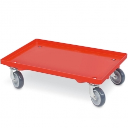 Transportroller für 600x400 mm Eurobehälter, geschlossenes Deck, mit 4 Lenkrollen und grauen Gummirädern, Tragkraft 250 kg, rot