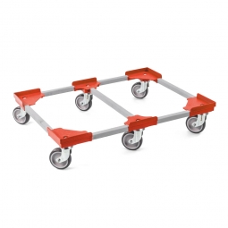 Transportroller "VARIO" für Euro-Stapelbehälter 800x600 mm, grau-rot, 6 Lenkrollen, graue Gummiräder