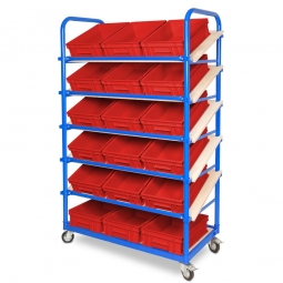 Schrägboden-Regalwagen mit 6 Ebenen, BxTxH 1050x500x1690 mm, 4 Lenkrollen, 2 Rollen mit Feststellbremse, bestückt mit 18 Euroboxen BxTxH 400x300x120 mm, mit Griffleisten