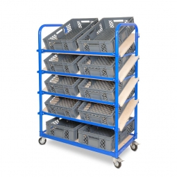 Schrägboden-Regalwagen mit 5 Ebenen, BxTxH 1050x500x1450 mm, 4 Lenkrollen, 2 Rollen mit Feststellbremse, bestückt mit 10 Euroboxen BxTxH 600x400x150 mm, durchbrochen, mit Durchfassgriffen