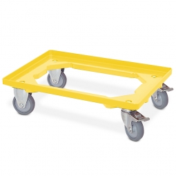 ABS-Kunststoff-Transportroller für 600x400 mm Eurobehälter, gelb, 2 Bock- und 2 Lenkrollen mit Feststellbremse, 100 mm Gummi-Rad, Deck offen, Tragkraft 250 kg