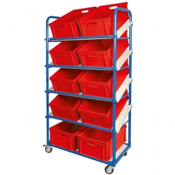 Schrägboden-Regalwagen mit 5 Ebenen, BxTxH 1050x500x1880 mm, 4 Lenkrollen, 2 Rollen mit Feststellbremse, bestückt mit 10 Euroboxen BxTxH 600x400x220 mm, mit Durchfassgriffen