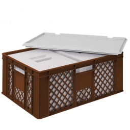 2 EPS-Thermoboxen im Stapelkorb mit Deckel, LxBxH 600x400x240 mm, brauner Korb, grauer Deckel