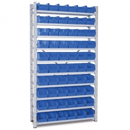 Steckregal, verzinkt, BxTxH 1070x315x2000 mm, 10 Böden, 60 Sichtboxen LB 4 Farbe blau