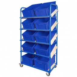 Schrägboden-Regalwagen mit 5 Ebenen, BxTxH 1050x500x1880 mm, 2 Lenk- (mit Feststellbremse) u. 2 Bockrollen, bestückt mit 10 Euroboxen BxTxH 600x400x220 mm, mit Griffleisten