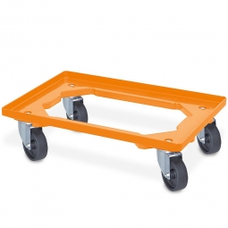 ABS-Kunststoff-Transportroller für 600x400 mm Eurobehälter, orange, 100 mm Kunststoff-Rad in schwarz, Deck offen, Tragkraft 250 kg