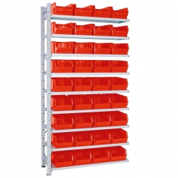 Anbauregal, verzinkt, BxTxH 1035x315x2000 mm, 9 Böden, 36 Sichtboxen LB 3 Farbe rot