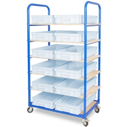 Etagenwagen mit 6 Ebenen, BxTxH 1050x500x1690 mm, 4 Lenkrollen, 2 Rollen mit Feststellbremse, bestückt mit 12 Euroboxen BxTxH 600x400x120 mm, mit Griffleisten