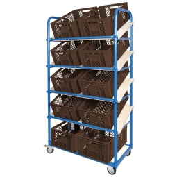 Schrägboden-Regalwagen mit 5 Ebenen, BxTxH 1050x500x1880 mm, 2 Lenk- (mit Feststellbremse) u. 2 Bockrollen, bestückt mit 10 Euroboxen BxTxH 600x400x240 mm, durchbrochen, mit Durchfassgriffen
