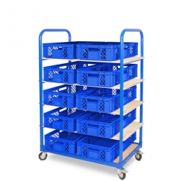 Etagenwagen mit 5 Ebenen, BxTxH 1050x500x1450 mm, 4 Lenkrollen, 2 Rollen mit Feststellbremse, bestückt mit 10 Euroboxen BxTxH 600x400x150 mm, durchbrochen, mit Durchfassgriffen