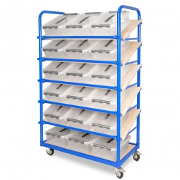 Schrägboden-Regalwagen mit 6 Ebenen, BxTxH 1050x500x1690 mm, 2 Lenk- )mit Feststellbremse) u. 2 Bockrollen, bestückt mit 18 Clipboxen je 12 Liter