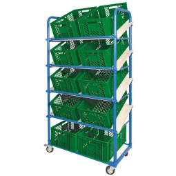 Schrägboden-Regalwagen mit 5 Ebenen, BxTxH 1050x500x1880 mm, 4 Lenkrollen, 2 Rollen mit Feststellbremse, bestückt mit 10 Euroboxen BxTxH 600x400x240 mm, durchbrochen, mit Durchfassgriffen