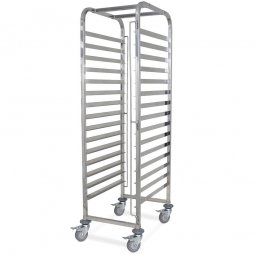 Backblechwagen / Tablettwagen aus Edelstahl, BxTxH 470x620x1735 mm, 15 Etagen, 4 Gummilenkrollen mit Feststellbremse