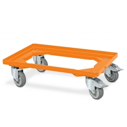 ABS-Kunststoff-Transportroller für 600x400 mm Eurobehälter, orange, 4 Lenkrollen, 2 mit Feststellbremse, 100 mm Gummi-Rad, Deck offen, Tragkraft 250 kg