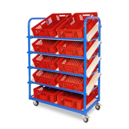 Schrägboden-Regalwagen mit 5 Ebenen, BxTxH 1050x500x1450 mm, 2 Lenk- (mit Feststellbremse) u. 2 Bockrollen, bestückt mit 10 Euroboxen BxTxH 600x400x150 mm, durchbrochen, mit Durchfassgriffen