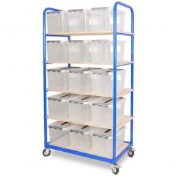 Etagenwagen mit 5 Ebenen BxTxH 1050x500x1880 mm, 4 Lenkrollen, 2 Rollen mit Feststellbremse, bestückt mit 15 Clipboxen je 22 Liter
