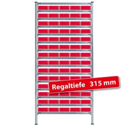 Steckregal, verzinkt, BxTxH 1070x315x2000 mm,15  Ebenen, 70 Regalkästen LxBxH 300x183x81 mm, rot