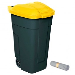 Rolleimer 100 Liter + GRATIS 50 Müllsäcke, BxTxH 510x550x850 mm, Korpus anthrazit, Deckel gelb