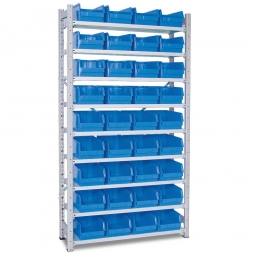 Steckregal, verzinkt, BxTxH 1070x315x2000 mm, 9 Böden, 36 Sichtboxen LB 3 Farbe blau