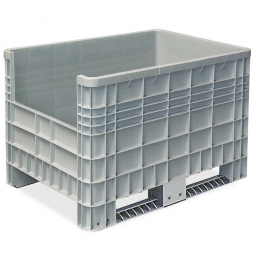Palettenbox mit Außenrippen und 2 Kufen, Zuschnitt an einer Stirnseite, Außenmaße LxBxH 1170x800x800 mm, grau