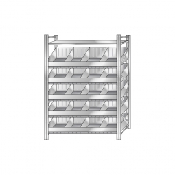 Schüttgutregal, Stecksystem, BxTxH 1290x525x2000 mm, 5 Ebenen, 20 Schüttfächer, 1 Fachboden, glanzverzinkt