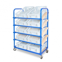 Schrägboden-Regalwagen mit 5 Ebenen, BxTxH 1050x500x1450 mm, 4 Lenkrollen, 2 Rollen mit Feststellbremse, bestückt mit 10 Euroboxen BxTxH 600x400x150 mm, durchbrochen, mit Durchfassgriffen