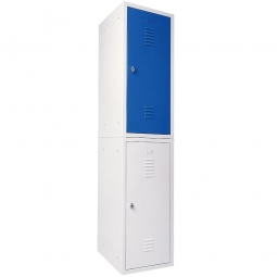 2er-Set halbhoher Spind/Schließfach-Schrank aus Stahlblech, BxTxH 415x490x900 mm, Korpus lichtgrau/Türen lichtgrau und enzianblau