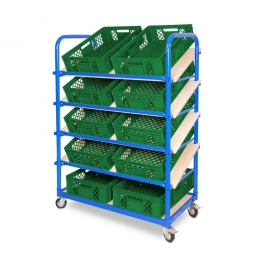 Schrägboden-Regalwagen mit 5 Ebenen, BxTxH 1050x500x1450 mm, 4 Lenkrollen, 2 Rollen mit Feststellbremse, bestückt mit 10 Euroboxen BxTxH 600x400x150 mm, durchbrochen, mit Durchfassgriffen