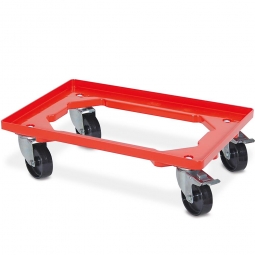 ABS-Kunststoff-Transportroller für 600x400 mm Eurobehälter, rot, 4 Lenkrollen, 2 mit Feststellbremse, 100 mm Kunststoff-Rad in schwarz, Deck offen, Tragkraft 250 kg
