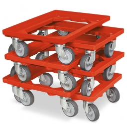 6x ABS-Kunststoff-Transportroller im Spar-Set, für Kästen, Körbe, Kartons 600x400 mm, rot, 100 mm Gummi-Rad, Deck offen, Tragkraft 250 kg