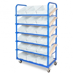 Schrägboden-Regalwagen mit 6 Ebenen, BxTxH 1050x500x1690 mm, 2 Lenk- (mit Feststellbremse) u. 2 Bockrollen, bestückt mit 18 Euroboxen BxTxH 400x300x120 mm, mit Griffleisten
