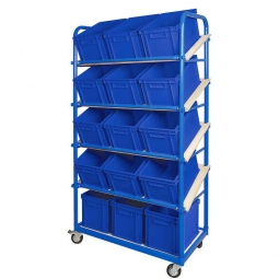 Schrägboden-Regalwagen mit 5 Ebenen, BxTxH 1050x500x1880 mm, 4 Lenkrollen, 2 Rollen mit Feststellbremse, bestückt mit 15 Euroboxen BxTxH 400x300x235 mm, mit Griffleisten