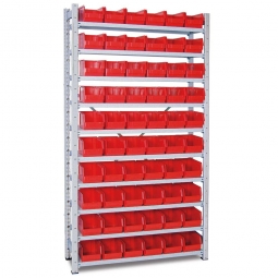 Steckregal, verzinkt, BxTxH 1070x315x2000 mm, 10 Böden, 60 Sichtboxen LB 4 Farbe rot