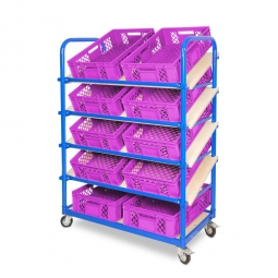 Schrägboden-Regalwagen mit 5 Ebenen, BxTxH 1050x500x1450 mm, 4 Lenkrollen, 2 Rollen mit Feststellbremse, bestückt mit 10 Euroboxen BxTxH 600x400x150 mm, durchbrochen, mit Durchfassgriffen