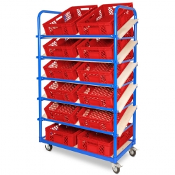 Schrägboden-Regalwagen mit 6 Ebenen, BxTxH 1050x500x1690 mm, 2 Lenk- (mit Feststellbremse) u. 2 Bockrollen, bestückt mit 12 Euroboxen BxTxH 600x400x150 mm, durchbrochen, mit Durchfassgriffen