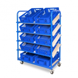 Schrägboden-Regalwagen mit 5 Ebenen, BxTxH 1050x500x1450 mm, 2 Lenk- (mit Feststellbremse) u. 2 Bockrollen, bestückt mit 10 Euroboxen BxTxH 600x400x150 mm, durchbrochen, mit Durchfassgriffen