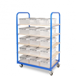 Etagenwagen mit 5 Ebenen, BxTxH 1050x500x1450 mm, 2 Lenk- (mit Feststellbremse) u. 2 Bockrollen, bestückt mit 15 Clipboxen je 12 Liter